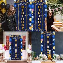 TzTwodcaz Happy Birthday Door Banner Blue and Gold Happy Birthday Party Supplies 72.8" x 35.4" Birthday Backdrop with Champagne Balloon for Men Women Kid's Birthday Celebration - Azul blanco - Ver 1