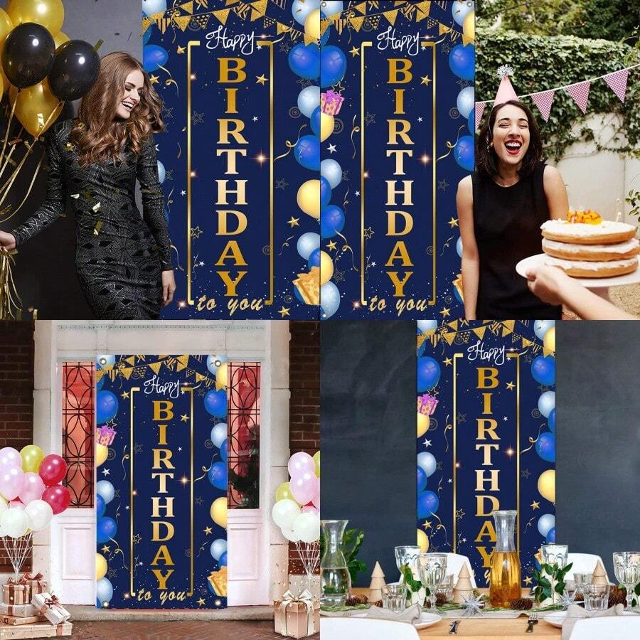 TzTwodcaz Happy Birthday Door Banner Blue and Gold Happy Birthday Party Supplies 72.8" x 35.4" Birthday Backdrop with Champagne Balloon for Men Women Kid's Birthday Celebration - Azul blanco - Ver 1