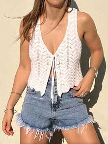 Damen weiße ärmellose kurze Strickjacke, halbdurchsichtiges Trägershirt mit Vorderbindung, geeignet für den Sommer - Weiss - Übersicht 4