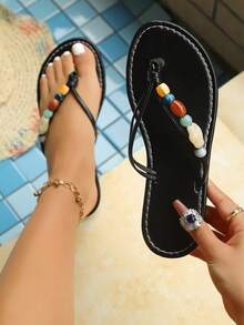 2026新款波西米亚风女士串珠人字拖，百搭沙滩凉鞋，休闲罗马平底拖鞋 - 黑色 - 查看 1
