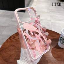ピンクシャーク群柄のMagSafe対応マグネット式スマホケース  17 16 15 14 13 12 Pro 11 XS Plus Max  S22 S23 S24 S26を使う 耐衝撃性ハイブリッドクリアシェル スタイリッシュなパターンケース - ピンク - チェックする 12