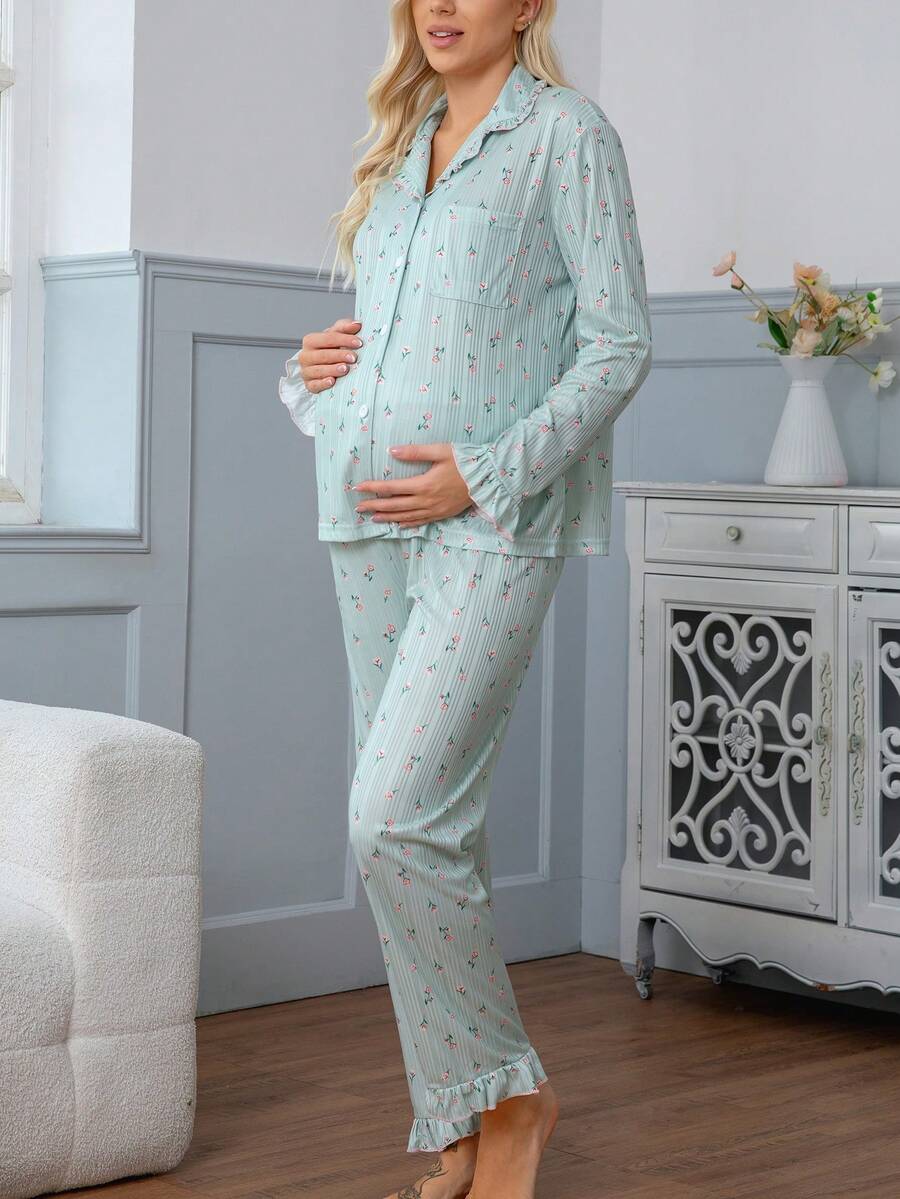 Ținută postpartum pentru gravide, set 2 piese cu cardigan și pantaloni ușori cu imprimeu floral, lenjerie de casă confortabilă pentru femei însărcinate - Multicolor - Vizualizare 1