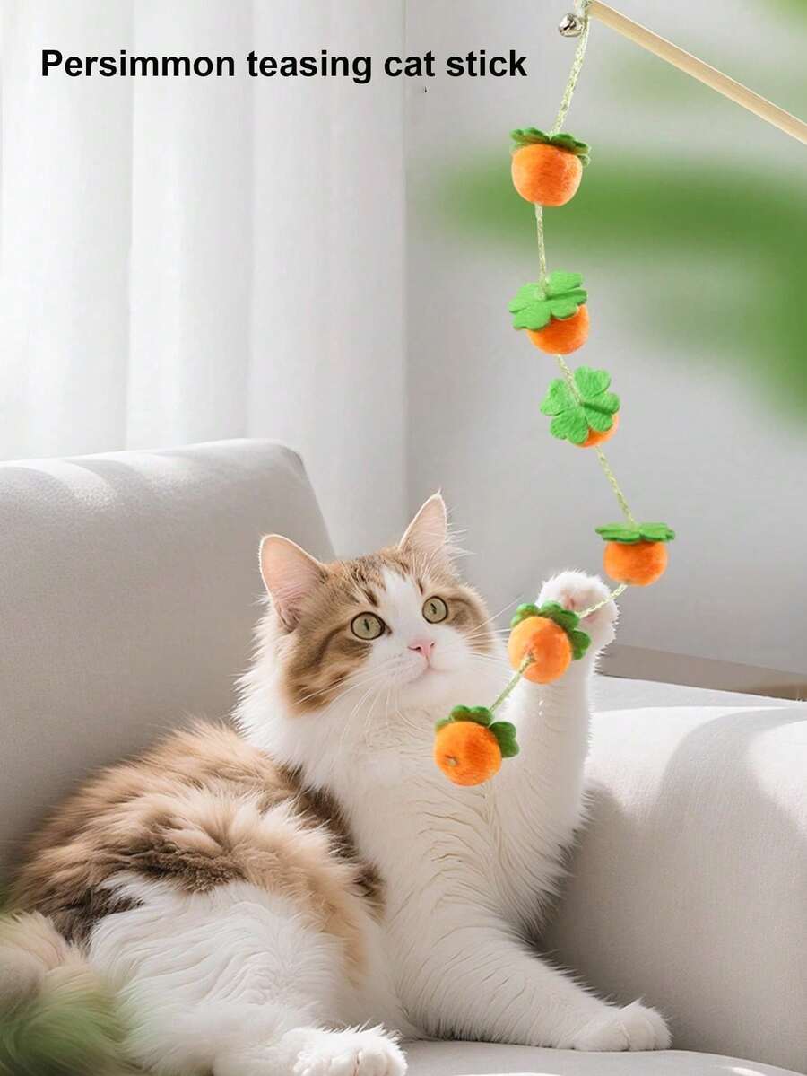 Juicy Tomato Cat Teaser Wand, Felt Bell Persimmon Cat Toy, Pet Toy