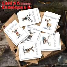 Bộ 24 thiệp chúc mừng Giáng sinh hình tuần lộc ngộ nghĩnh kèm phong bì, 6 kiểu dáng, chúc Giáng sinh vui vẻ và năm mới 2025, đồ dùng văn phòng, thiệp chúc mừng Giáng sinh mùa đông. - Bộ - Xem 3