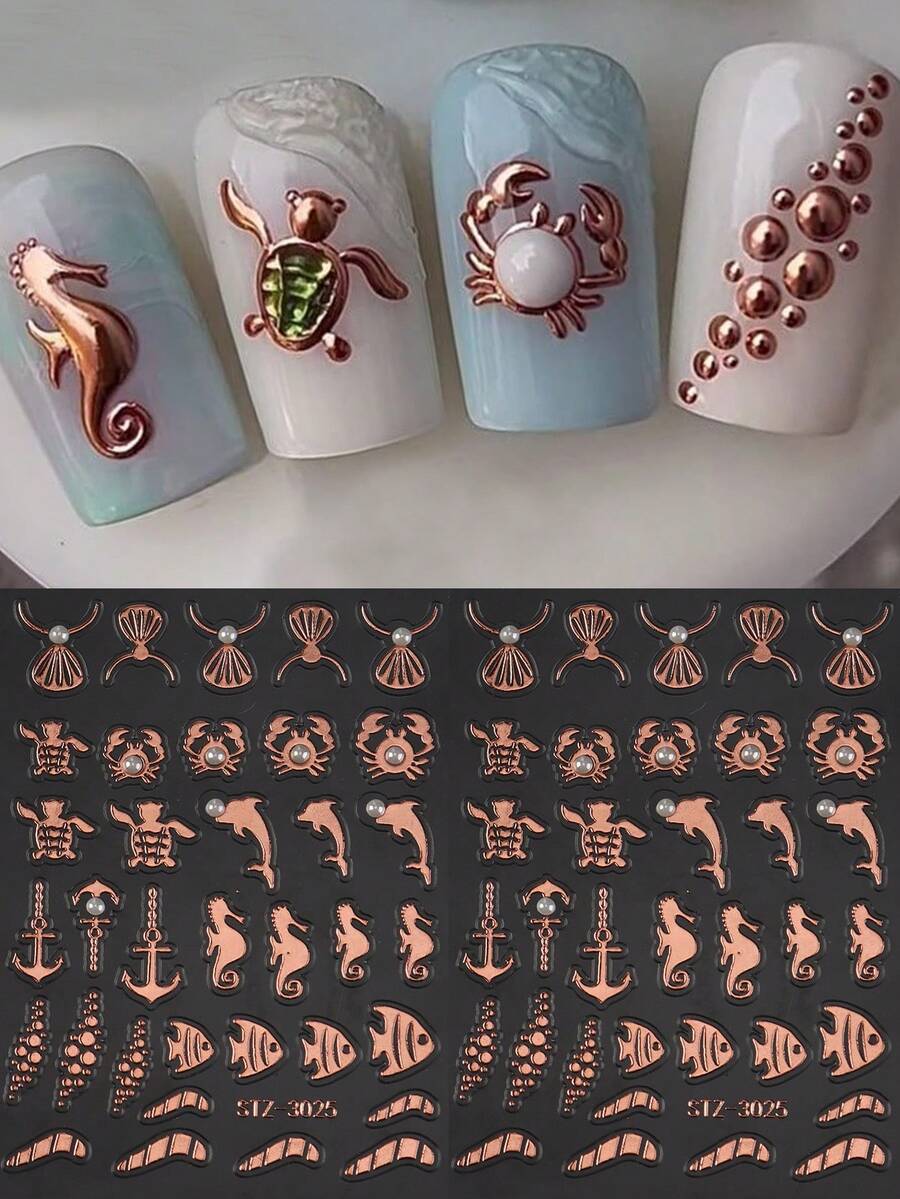 2件組 3D玫瑰金海洋生物珠寶美甲貼紙 銅色貝殼項鍊 海豚 螃蟹 水滴 黏貼式美甲飾品 夏季海洋系列美甲設計美甲裝飾 - 彩色 - 查看 1