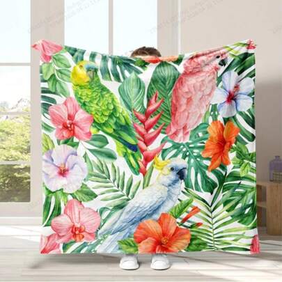 Chăn nỉ nhiệt đới với họa tiết chim vẹt và hoa in kỹ thuật số - Chất liệu polyester dệt kim mềm mại, chăn đa năng cho mọi mùa, phù hợp cho ghế sofa, văn phòng, du lịch và ngoài trời.
