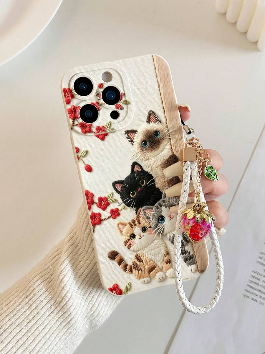 可爱猫咪花卉图案米色彩绘防震手机壳，带腕带，兼容 17/17Pro/17ProMax/16/11/16Pro/16Plus/16ProMax/16E/15ProMax/13/14/12/XS/XR/7G/8P、Galaxy S26/S26Plus/S26 Ultra、S25/S25Plus/S25 Ultra/A16/A36/A26/A56/A50/A12/A32/A52/A72/A51/A21S/A13/A14/S24/S24Plus/S24Ultra/S20/S23/S22/A53/S20FE/S21 - 彩色 - 查看 1