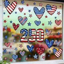 6片装 250周年纪念快乐心形窗贴，红白蓝三色，7月4日美国国旗图案，适合家居、办公室、教室和派对使用 - 彩色 - 查看 2