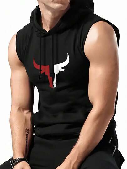 Áo tank top không tay màu đen có mũ, dây rút dành cho nam, thích hợp cho mùa hè.