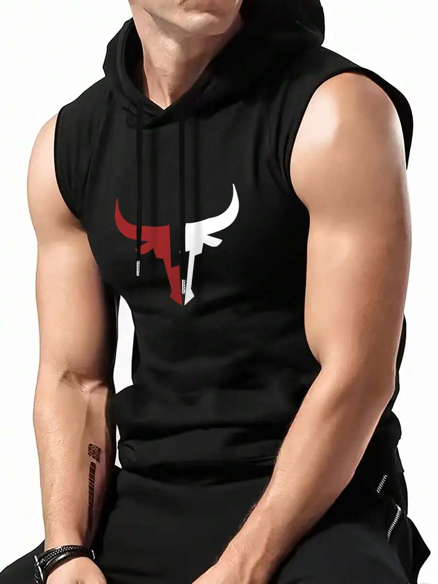 Áo tank top không tay màu đen có mũ, dây rút dành cho nam, thích hợp cho mùa hè. - màu đen - Xem 1