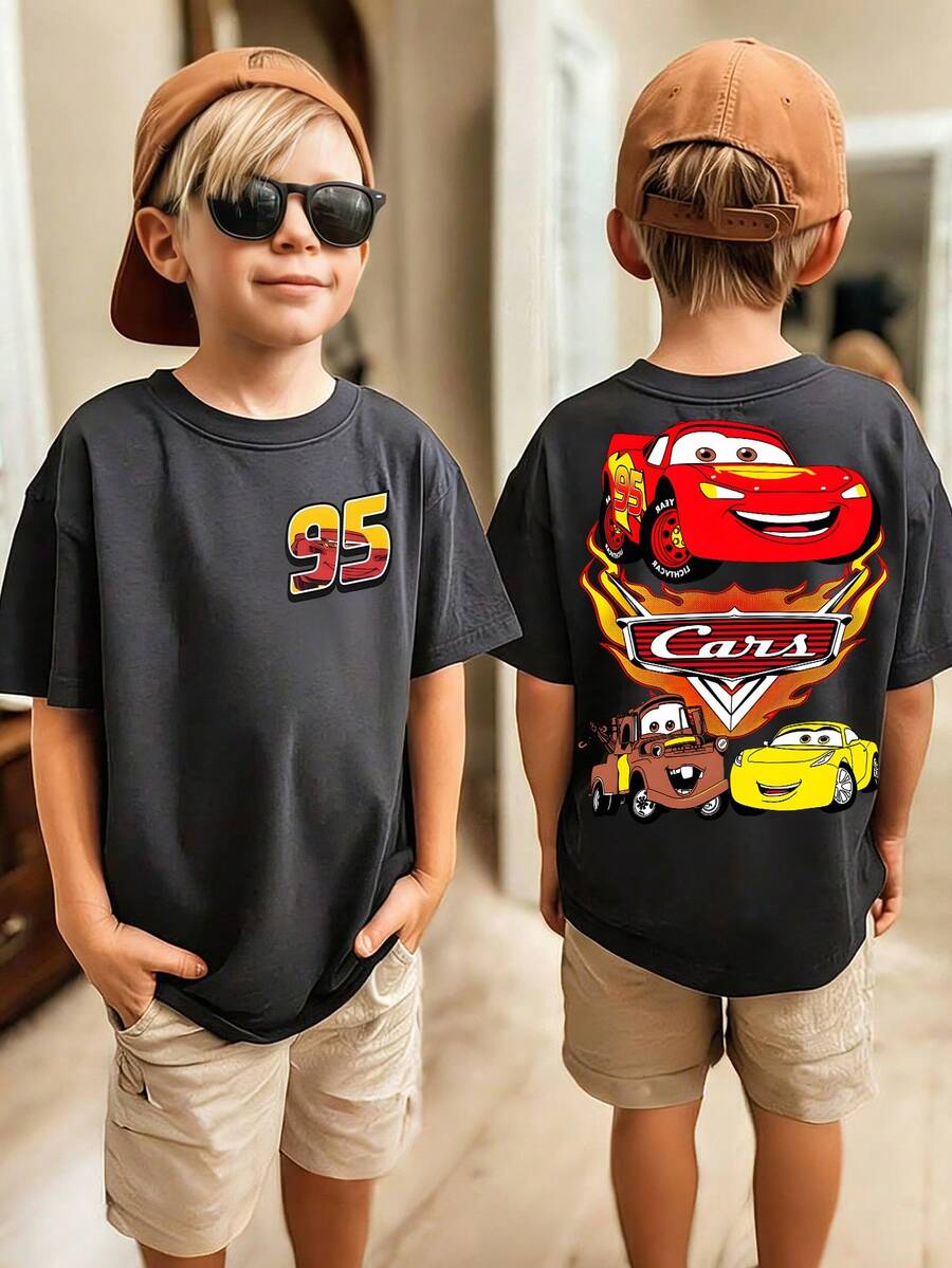 Disney Black Background Cars Lightning McQueen And Friends Flame Print Front And Back Design Kids' Short Sleeve T-Shirt - Playful And Cool Racing Style Top - 深灰色 - 查看 1