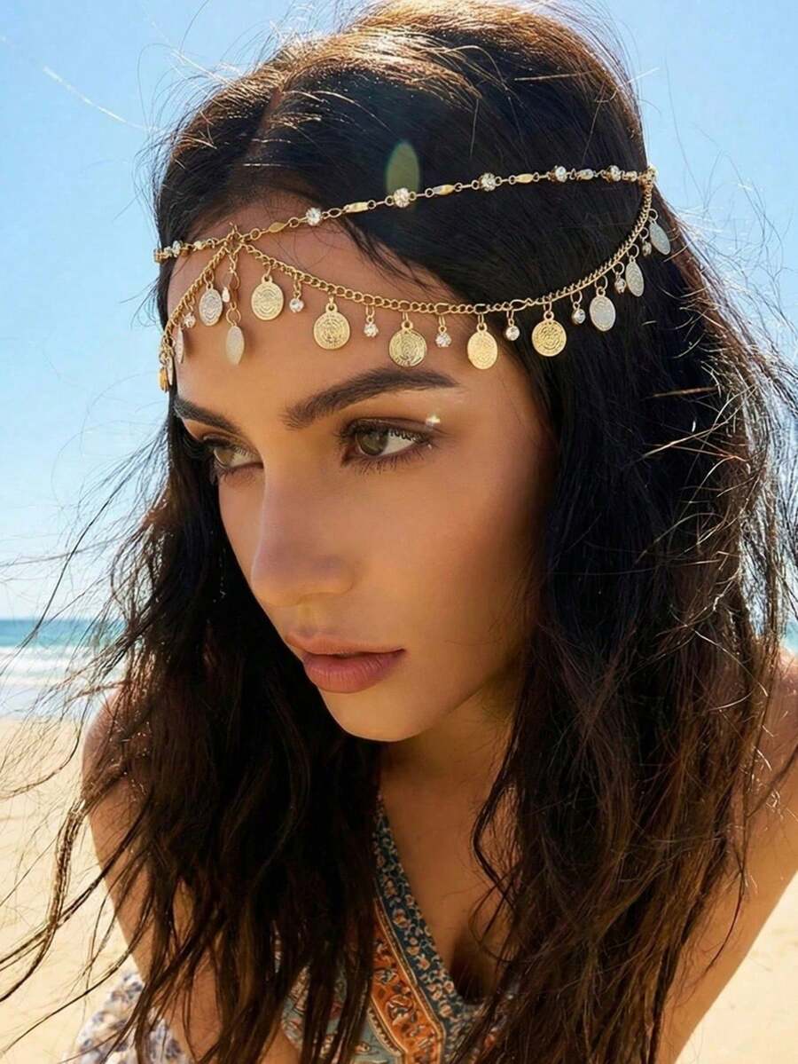Fashion Coin Exaggerated Tassel Chain Headband Hair Accessory, Women's Metal Head Chain Hair Accessory, Suitable For Daily, Party, Gathering - Crystal Head Chain - View 1