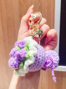 1pc Rose Flower Keychain, Vivid Bouquet Keyring Accessory, Golden Bell Car Key Chain,Knitted Bouquet Red Rose Bag Charm Pendant, Gift For Girls, Christmas, New Year, Valentine's Day Gifts ﻿ - 彩色 - 查看 5