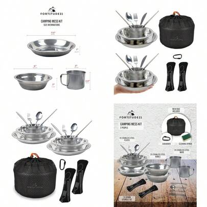 Juego completo de platos de campamento de acero inoxidable incluye plato tazón taza y utensilios