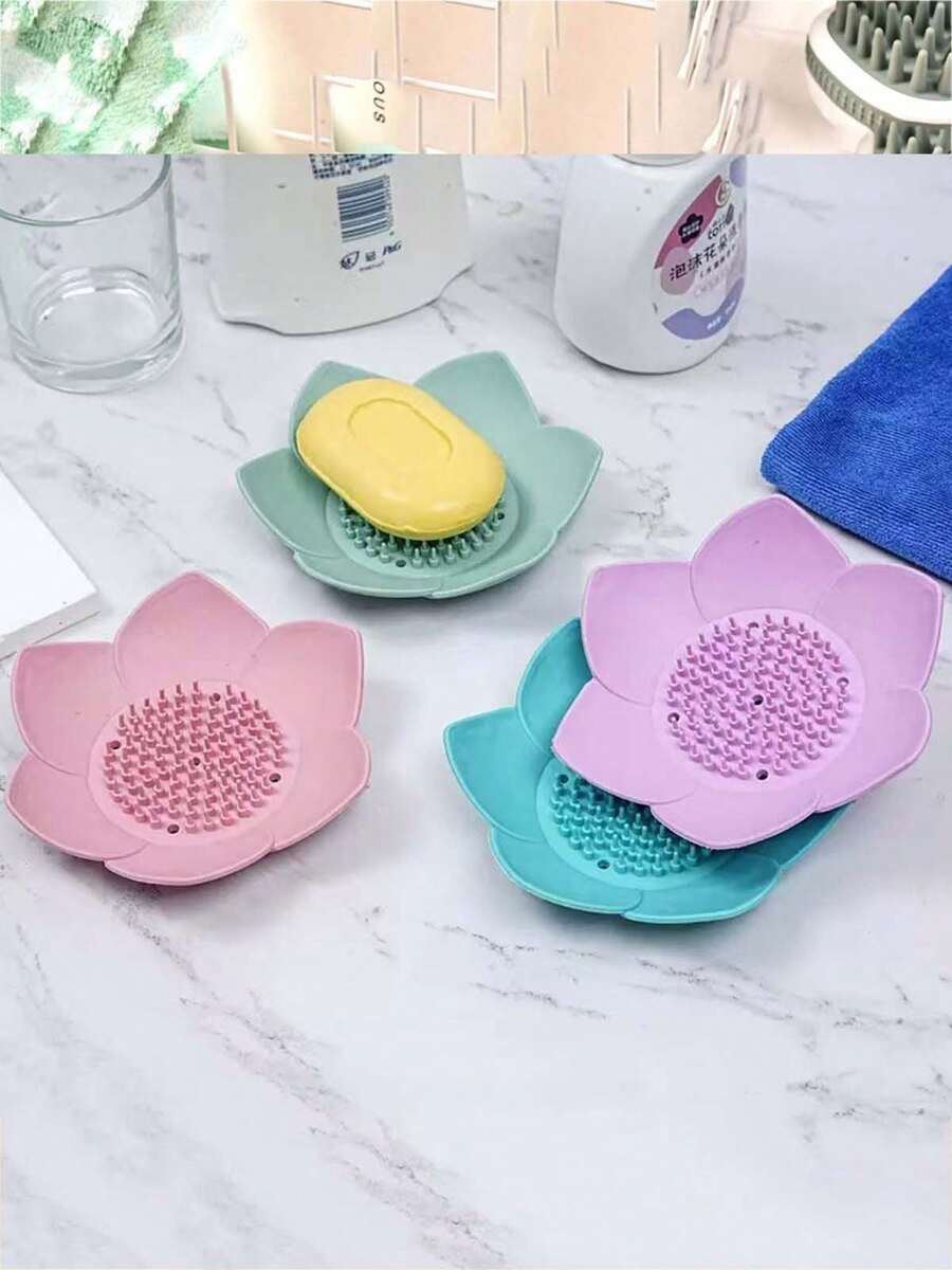 Creative Flower-Shaped Silicone Soap Box, Multi-Color Available Silicone Flexible Tape Measure, No-Hole Storage Rack, Draining Bathroom, Washbasin, Kitchen Soap Box - Multicolor - View 1