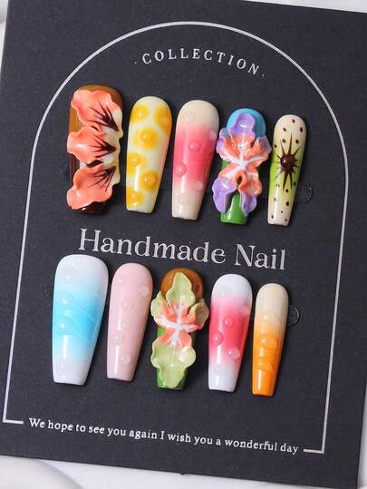 10pcs/Set European And American Handmade Long Ladder Nail Cap. Y2K Multi Color Tropical Flower Style & 3D Hand Carved Design & Hand Painted Eight Pointed Star Drop Shaped Decoration For Nail Art. 1 Piece Of Jelly Gel And 1 Piece Of Nail File. Perfect For Daily Life As Well As For Costumes At Coachella Music Festival, Press On Nail And Nail Art Supplies.