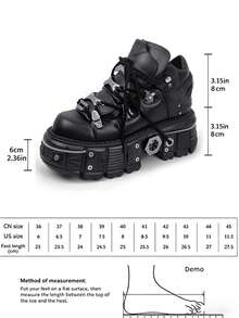Botas de tobillo con suela gruesa y plataforma, suela blanda, puntera redonda negra de mujer con cordones y elementos metálicos, estilo plano punk casual, moda Y2K Halloween - Negro - Ver 18