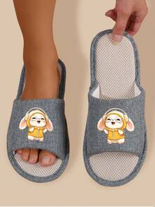 Spring & Autumn Household Linen Slippers, Solid Color Cute Fabric Animal Open-Toe Slippers, Non-Slip Breathable Unisex Slipper - Blue - View 6