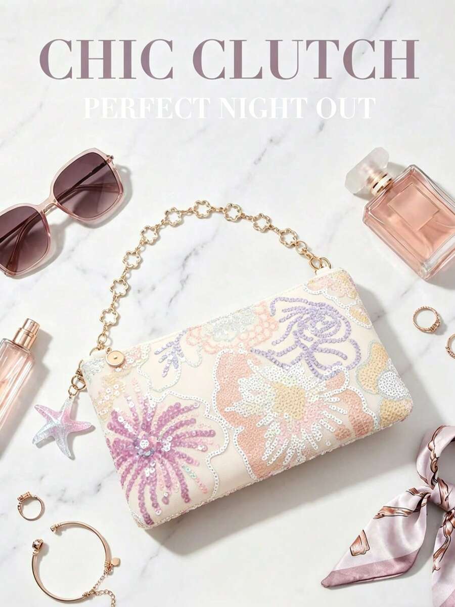 1 Túi đeo vai nữ màu hồng đính sequin thêu hoa, túi cầm tay thanh lịch dự tiệc cưới, túi lấp lánh dự tiệc, túi đeo nách cho nữ đi nghỉ mát, túi đeo cổ tay xinh xắn cho các cô gái, túi xách đẹp, kích thước vừa phải, món quà hoàn hảo cho bạn thân, túi đựng mỹ phẩm mini nhẹ có khóa kéo, phù hợp cho các cô gái, phụ nữ, sinh viên đại học. - Hồng - Xem 1
