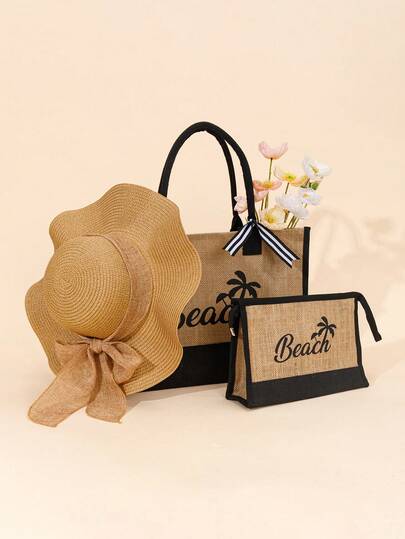 Bộ 3/2/1 túi tote vải lanh cá nhân hóa và mũ rơm có ruy băng, túi đi biển dung tích lớn cho kỳ nghỉ du lịch, túi quà tặng in chữ cho phù dâu, túi tote mùa hè cho tiệc độc thân, món quà lý tưởng cho phụ nữ.