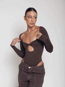 Low-Cut Bodysuit With Long Sleeves, Comfort And Style - Rust Brown - View 4