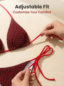 Women's Sexy Red Plaid Halter Bikini Set, Side Tie Swim Bottoms, Slightly Stretchy Fabric Vacation Beach Summer - Red - View 5