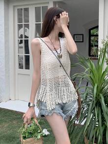 Áo khoác không tay ren móc rỗng cho mùa hè - Màu be - Xem 4