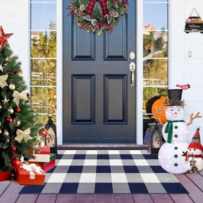 Buffalo Plaid Outdoor Rug Woven Rug Navy And White Checkered Rug Washable Front Porch Rug Fall Layered Door Mats Carpet Indoor Outdoor Entryway Farmhouse Decor Area Rug