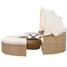 Garden Lounge Chair Set, Sun Island, Rattan Garden Table And Chair Set, Shell Garden Lounge Chair Bed, Extendable Canopy, Liftable Tabletop, Beige, Including All Cushions And Seat Cushions - A - View 6