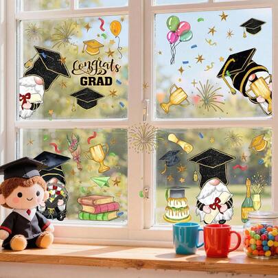 Bộ 9 miếng dán cửa sổ chủ đề lễ tốt nghiệp: mũ tốt nghiệp, người lùn, pháo hoa, bóng bay, thích hợp trang trí phòng trẻ em, tiệc trong nhà, nhà cửa, lớp học, văn phòng.