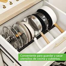 Organizador de Ollas y Sartenes de Estante Expandible - Organizador de Sartenes y Ollas con 10 Compartimientos Tamaño Ajustable para Almacenar Tapas de Ollos Platos 31-58CM Negro - Negro 10 Lneas - Ver 7