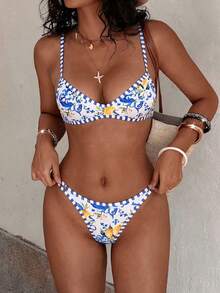 Bộ bikini mùa hè dành cho nữ, họa tiết hoa và trái cây, đồ bơi hai mảnh gợi cảm với dây đeo mảnh, kiểu dáng ôm sát, thoải mái, dễ thương, thích hợp cho kỳ nghỉ biển. - Màu xanh lam - Xem 2