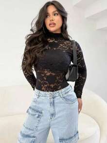 Women's Long-Sleeved Lace Bodysuit - Black - View 1