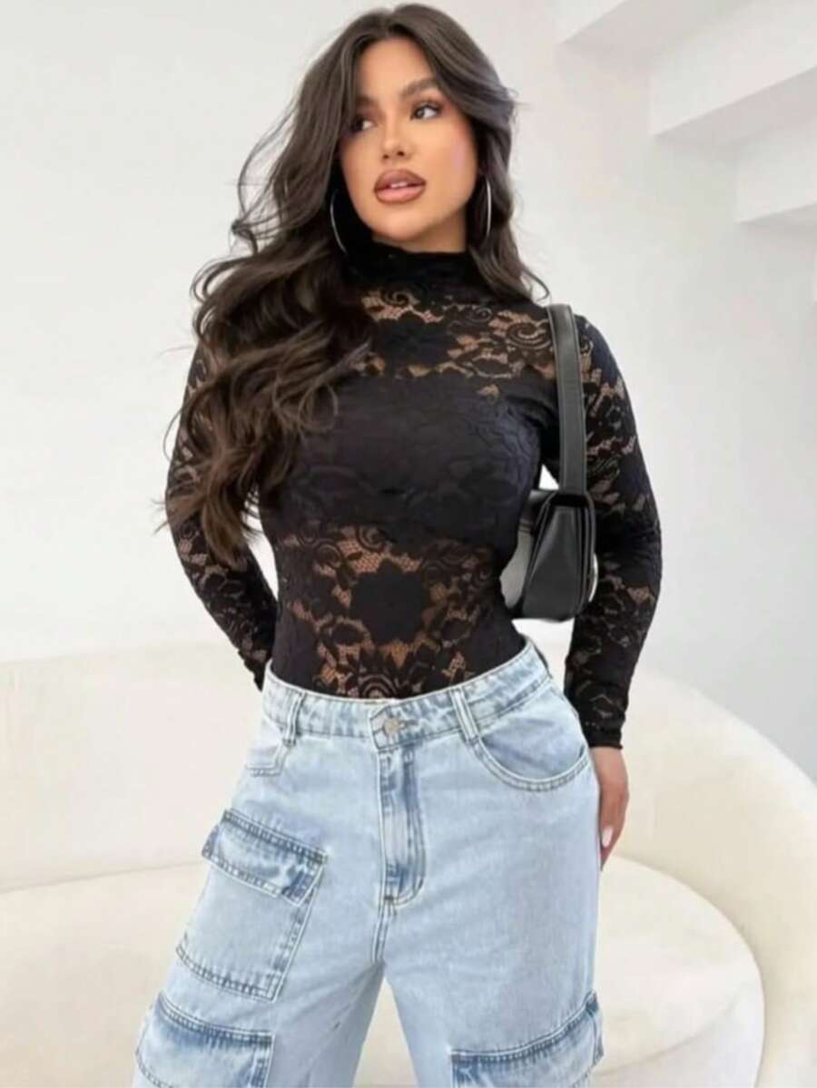 Women's Long-Sleeved Lace Bodysuit - Black - View 1