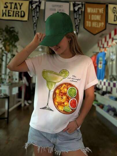 1pc Girls Teens Summer Outfit, New Arrival Funny Food Print Short Sleeve T-Shirt, Lemon Juice & Corn Flakes, Italian Casual Style, Big Kids Round Neck Top, Vacation & Campus Versatile