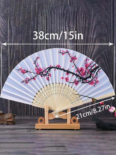 1pc/2pcs White Bamboo Bone Fabric Fan, Chinese Style Plum Blossom Fan, Elegant Accessory For Women, Suitable For Cheongsam Photoshoot, Wedding Gift