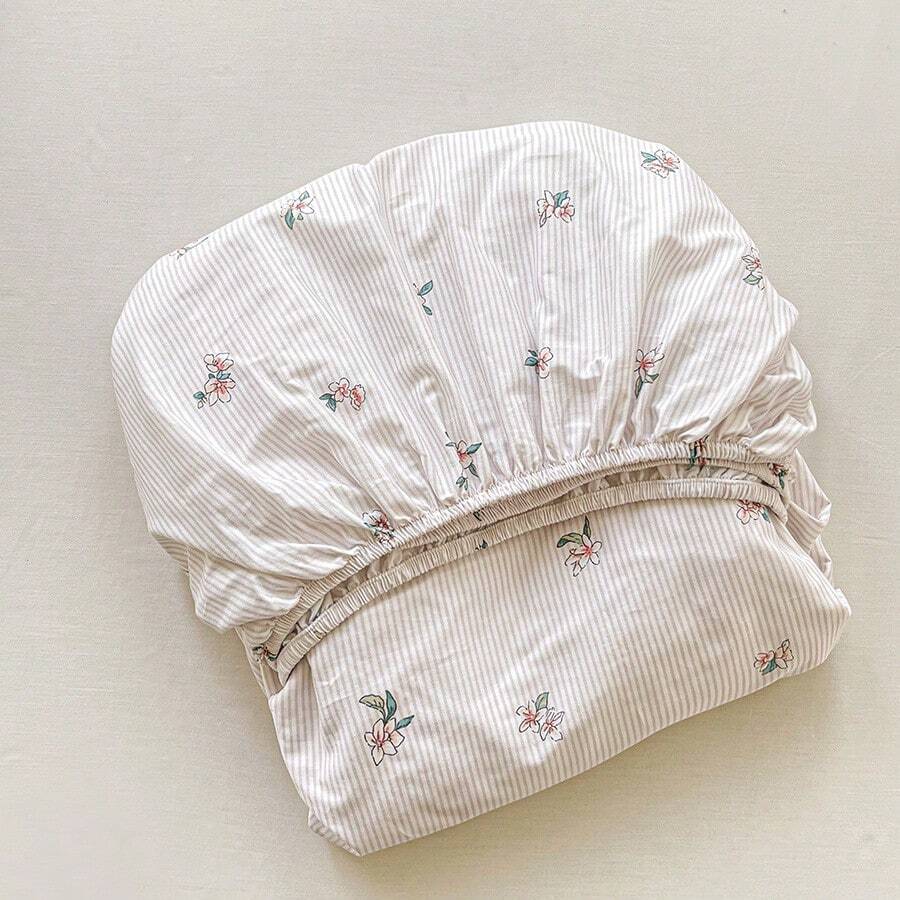 1件装100%纯棉花卉条纹床笠，卧室家居装饰，多种尺寸可选，四季皆宜（不含枕套）