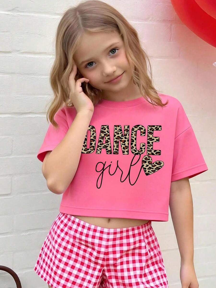 Blusa casual y elegante para niña preadolescente con estampado de leopardo, gráfico de corazón y lema, nueva llegada de primavera/verano - Rosa Fucsia - Ver 1
