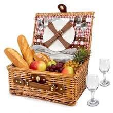 Juego de cesta de picnic para 2: cesta de picnic de mimbre con manta impermeable y forro aislado cesta grande hecha a mano con kit de cubiertos para exteriores picnic camping fiesta día festivo - Rojo - Ver 9