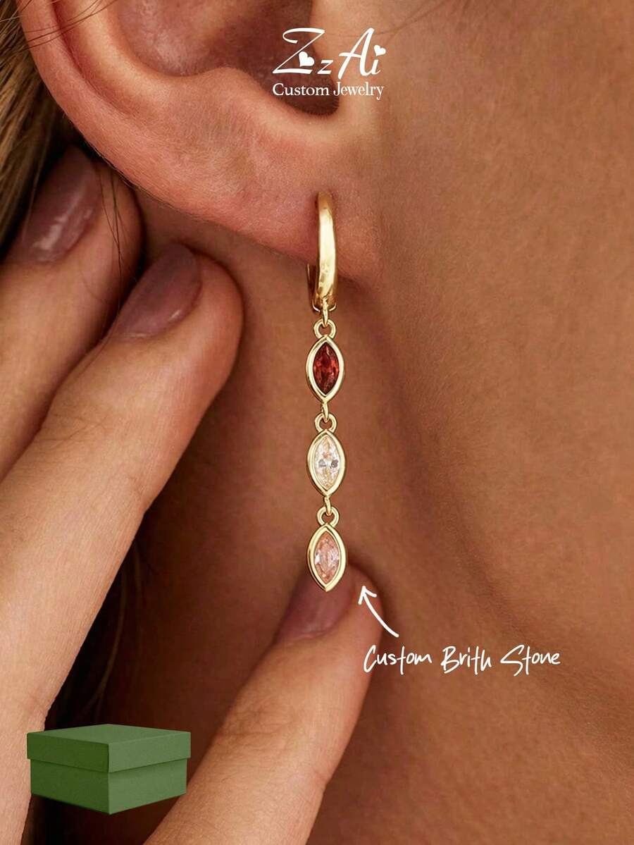 1pc Custom Leaf Shaped Birthstone Earrings, Everyday Wear Earrings, Diamond Pendant Earrings, Birthday Gift, Gift For Grandma, Mother's Day Gift For Mom - Multicolor - View 1