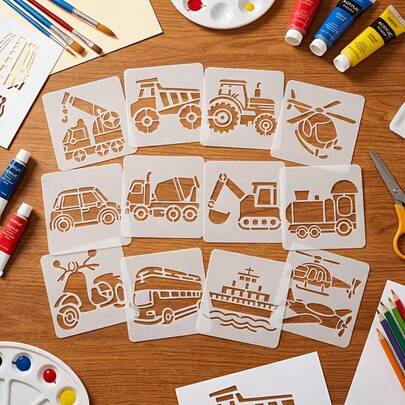 12pcs/Set Reusable Washable Construction Vehicle Stencils, Size 3.94 Inches, Includes Designs Of Airplane, Ship, Train, Motorcycle, Truck And Car