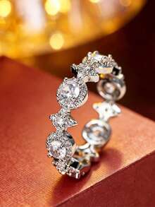 1 chiếc nhẫn hình ngôi sao lấp lánh sang trọng, nhẫn đá Zirconia tròn bốn chấu cổ điển thanh lịch, nhẫn nữ thiết kế cao cấp độc đáo. - nhẫn - Xem 7