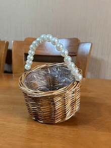 Woven Flower Basket With Pearl Handle, Flower Girl Basket, And 100pcs Ivory Satin Rose Petals, Suitable For Weddings And Home Decor - Multicolor - View 7
