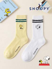 1/2雙 Snoopy 男士網眼襪，黃色與白色條紋透氣網眼中筒襪，黑白可愛運動襪，適合夏季 - 彩色 - 查看 11