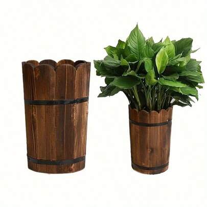 1/3pcs Rustic Wooden Flower Pot - Unfinished Solid Wood Round Pot, Anti-Corrosion - Multipurpose Garden Decor, Indoor/Outdoor Floor Plant Container