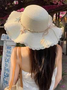 1件女士波西米亚风编织蝴蝶结装饰海洋主题配饰，海星贝壳装饰，休闲英法风时尚日常外出，海滩摄影，透气草帽 - 海星 - 查看 2