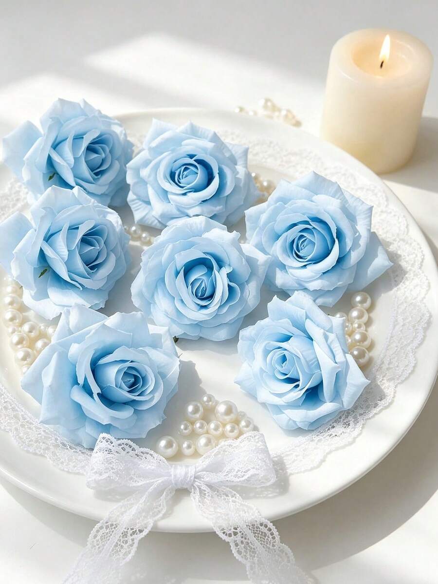 5/25PCS Artificial Rose Flower Heads Wedding Decoration Bride Bouquet Wrist Flower Material Flower Wall Flower Row Arrangement Home Decoration New Year Decoration Valentine's Day Gift - Blue - View 1