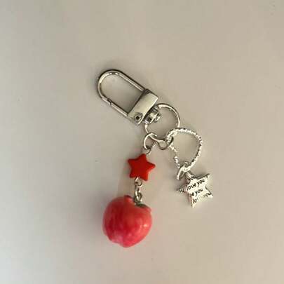 1pc Creative Faux Fruit Red Apple Star Hollow Heart Bag Charm, Cute Auspicious Fruit Keychain Pendant, Girl-Friendly Bag Accessory