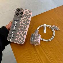6合1套組：豹紋手機殼 + 充電頭保護套 + 線材保護套 + 收納繩 + 數據線纏繞繩，TPU防震保護殼，適用於 6/7/8/X/XS/XR/11/12/13/14/15/16/17 Pro Max，適合作為生日或聖誕禮物送給女友、女兒、情侶 - 粉色 - 查看 4