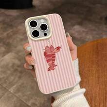 1pc TPU Material Sweet Pink Striped Dancing Lobster Pattern Phone Case Compatible With Iphone 17 Pro Max/17/16 Pro Max/15/13/12/11, S20 FE/A15/S24/A55, Note 11/Note 12/Note 13 Pro, Full Coverage Anti-Drop Soft Protective Phone Case - White - View 4